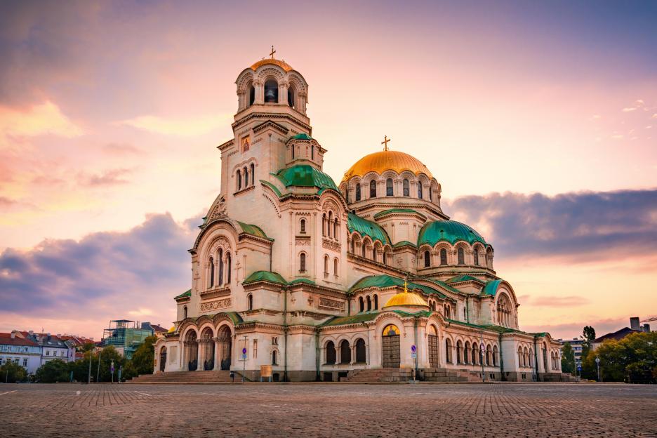 The Alexander Nevsky Cathedral in Sofia, Bulgaria, at sunset.