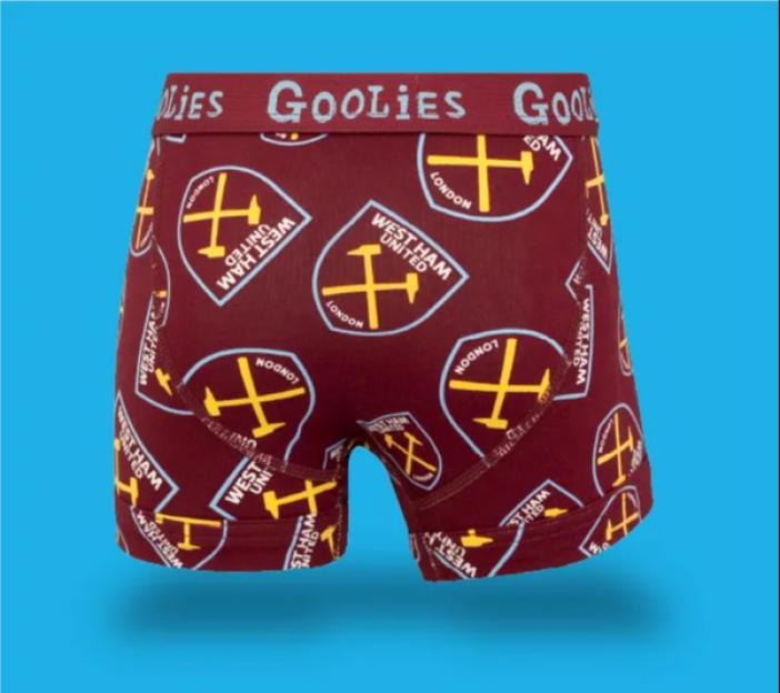 Maroon boxer briefs with West Ham United logos, labeled "KIDS".