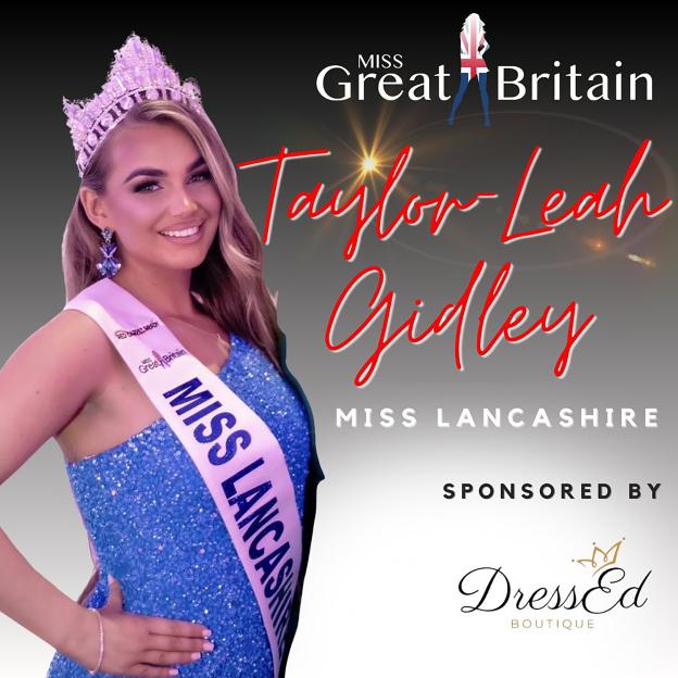 Taylor-Leah Gidley, Miss Lancashire for Miss Great Britain, wearing a blue sequined dress and crown.