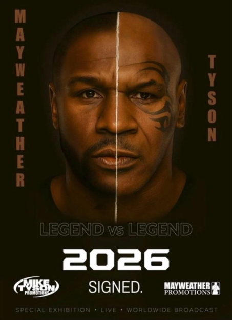Illustration of Floyd Mayweather and Mike Tyson's faces split down the middle, advertising a 2026 fight.