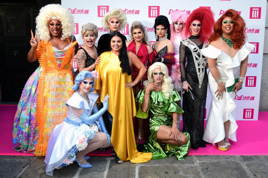RuPaul's Drag Race UK cast and Scarlett Moffatt on the pink carpet at the premiere.