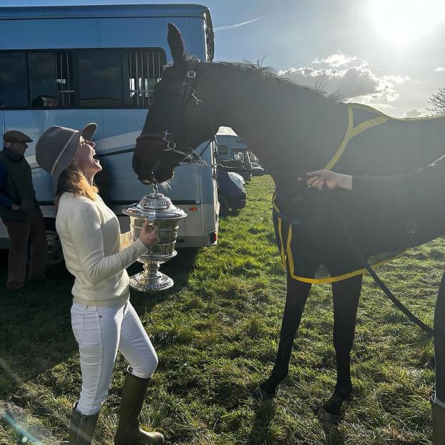 Geri Halliwell, Christian Horner, and their horse, Lift Me Up, celebrate qualifying for the Cheltenham Hunter Chase.
