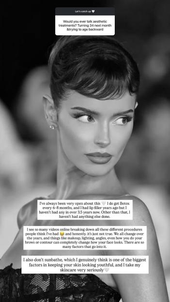 Black and white photo of Maura Higgins with a Q&A overlay about aesthetic treatments.