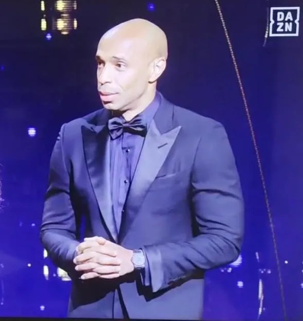 Thierry Henry looks on awkwardly as Barcelona president responds to question about women’s team live at Ballon d’Or