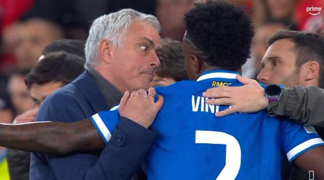 Jose Mourinho embraces Vinicius Jr. after a racism accusation.