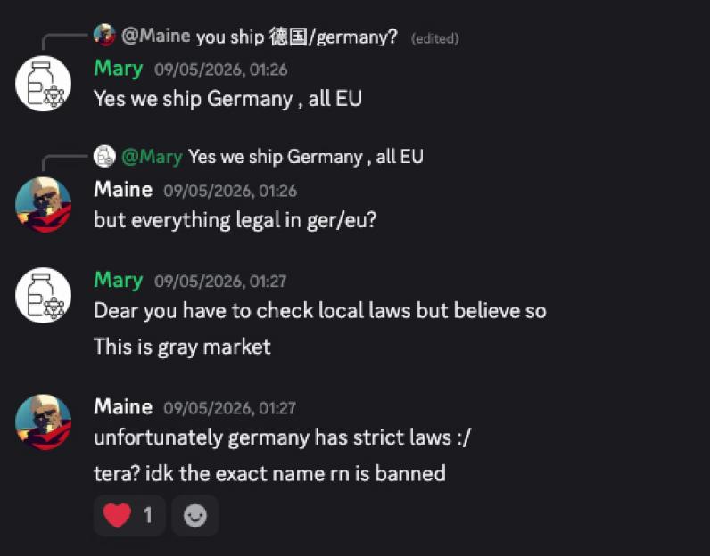 A screenshot of a conversation on a dark mode interface, discussing shipping peptides to Germany, with one user asking if it's legal and the other stating it's a "gray market."