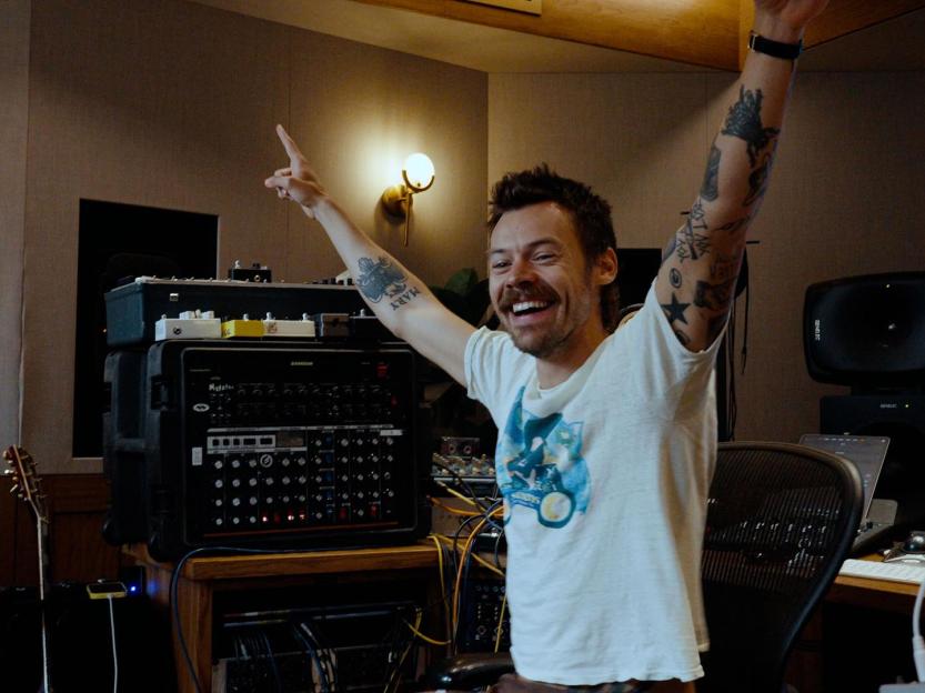 Harry Styles with arms raised and a big smile in a recording studio.