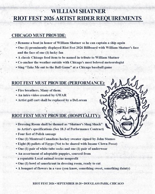 An illustration of William Shatner's Riot Fest 2026 artist rider requirements with a cartoon of Shatner's face engulfed in flames.