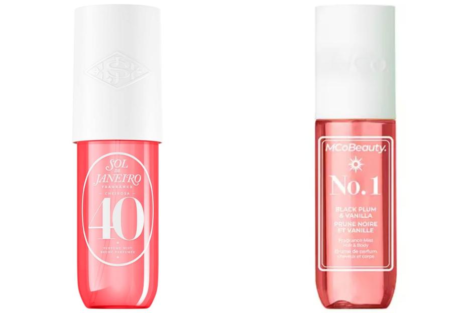 An image collage containing 2 images, Image 1 shows Sol de Janeiro Cheirosa 40 perfume mist bottle, Image 2 shows MCoBeauty No. 1 Black Plum & Vanilla Fragrance Mist for Hair & Body