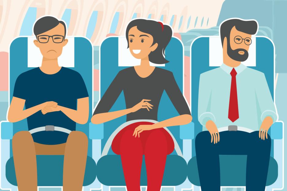 Illustration of three passengers on an airplane; the middle passenger is smiling and taking up both armrests, while the other two look disgruntled.
