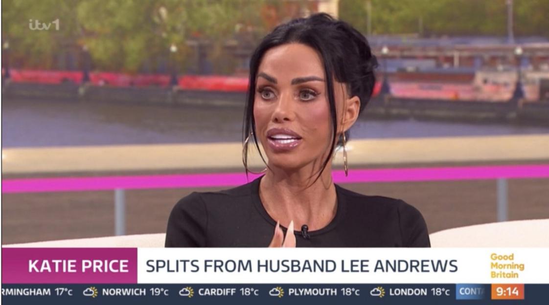 Katie Price on "Good Morning Britain" with a headline about her splitting from husband Lee Andrews.