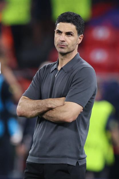 Mikel Arteta, manager of Arsenal FC, watches the UEFA Champions League Final.
