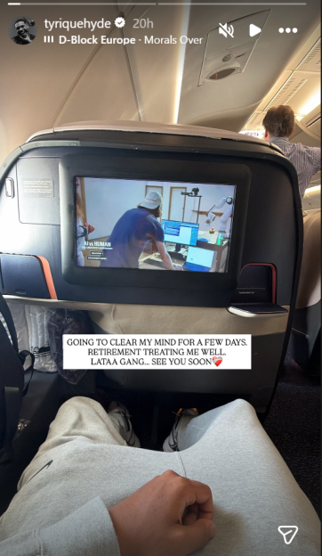 A person on an airplane watches "AI vs HUMAN: THE CREATIVITY EXPERIMENT" on a seatback screen, with text "RETIREMENT TREATING ME WELL."