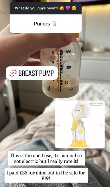 A hand holding a clear bottle with breast milk, a breast pump product image, and text overlay about breast pumps and pricing.