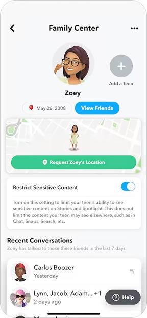 Illustration of a Snapchat Family Center screen, showing Zoey's profile, options for viewing friends and requesting her location, a toggle to restrict sensitive content, and recent conversations.