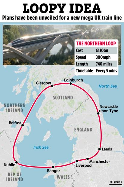 Illustration of a map showing a proposed UK train line, with a detailed infographic about its cost, speed, and length.