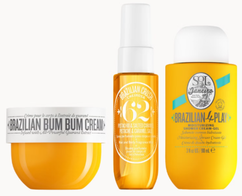 Sol de Janeiro Brazilian Bum Bum Cream, Brazilian Crush Cheirosa 62 Perfume Mist, and Brazilian 4 Play Moisturizing Shower Cream-Gel.