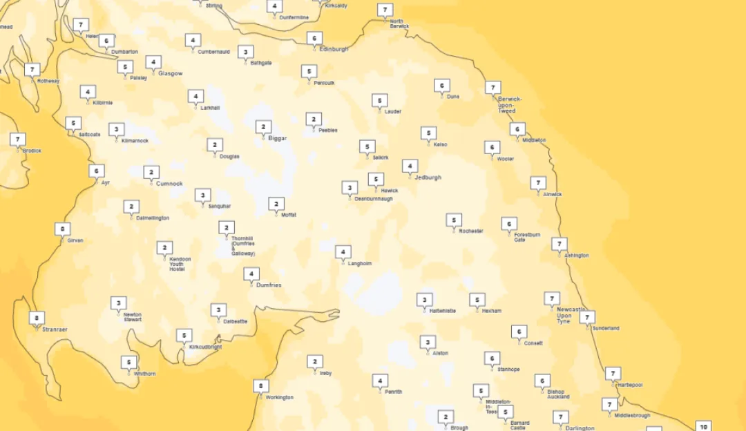 Illustration of a weather map of southern Scotland and northern England displaying numerical temperature or forecast data markers across various towns and cities.