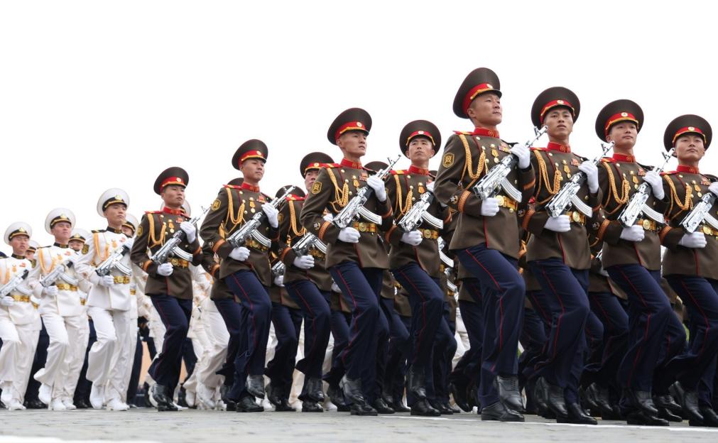 Moscow, Russia. 09th May, 2026. North Korean soldiers march in formation during the annual Victory Day parade marking the 81st anniversary of the victory over Nazi Germany in World War Two, at Red Square, May 9, 2026 in Moscow, Russia. Credit: Kremli
