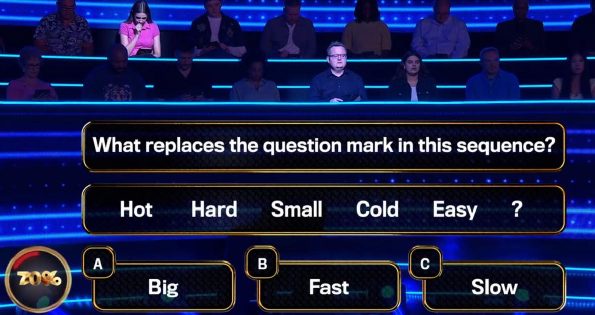 A quiz show screen displaying a question: "What replaces the question mark in this sequence? Hot Hard Small Cold Easy ?", with answer options A) Big, B) Fast, and C) Slow.