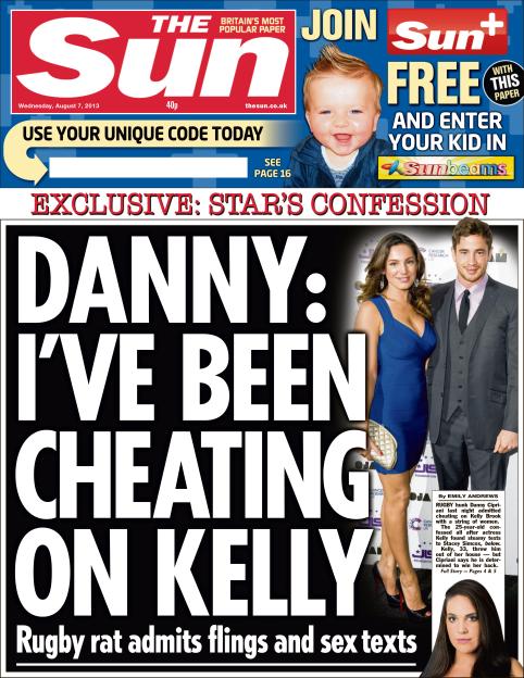 Front page of The Sun newspaper with the headline "Danny: I've been cheating on Kelly."