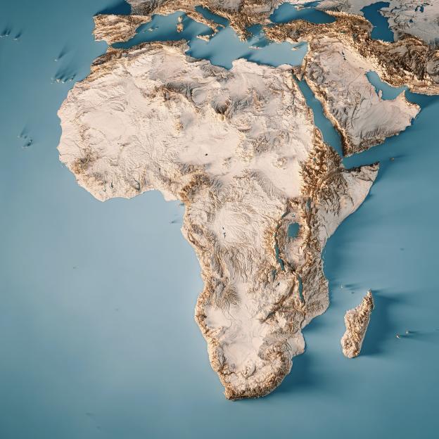 Illustration of a 3D topographic map of Africa with the Sahara Desert, Nile River, Lake Victoria, Atlantic Ocean, Mediterranean Sea, Red Sea, Mount Kilimanjaro, Atlas Mountains, Kalahari Desert, Lake Tanganyika, Mount Kenya, Congo River, and Niger River.