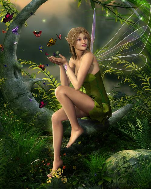 Illustration of a fairy with delicate wings and a green dress, sitting on a swing made of a twisted tree branch, surrounded by lush foliage and colorful butterflies.
