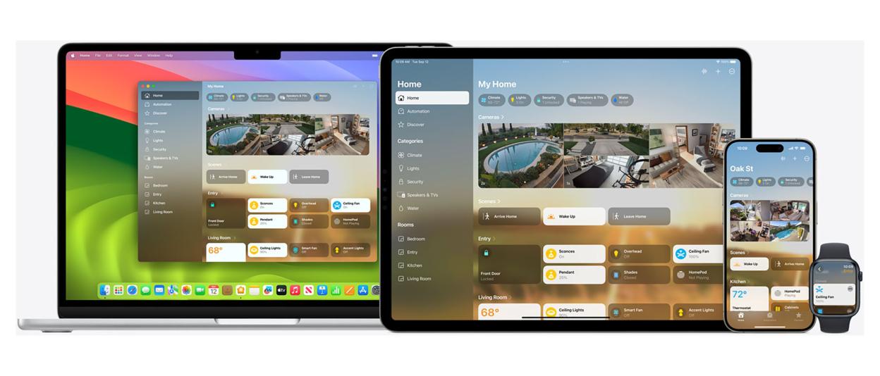 Collage of Apple Home app interfaces on a MacBook, iPad, iPhone, and Apple Watch.
