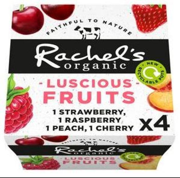Rachel's Organic Luscious Fruits yogurt, four pots.