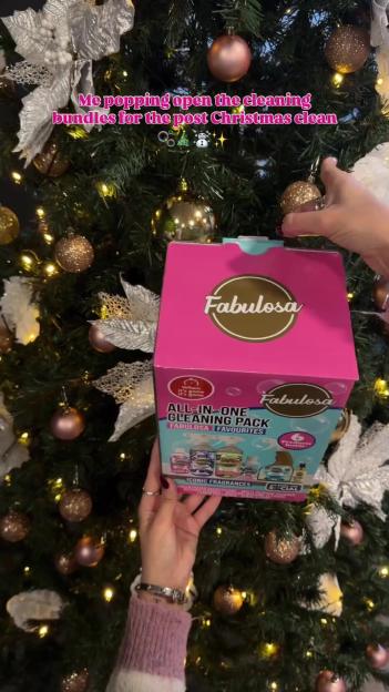 A person holding a pink Fabulosa all-in-one cleaning pack in front of a decorated Christmas tree.