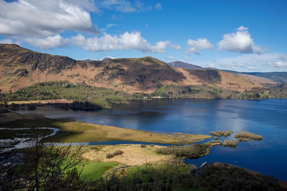 Looking from Surprise View across Derwentwater towards Catbells Hause Gate and Maiden Moor in spring Lake District National Park Cumbria England UK