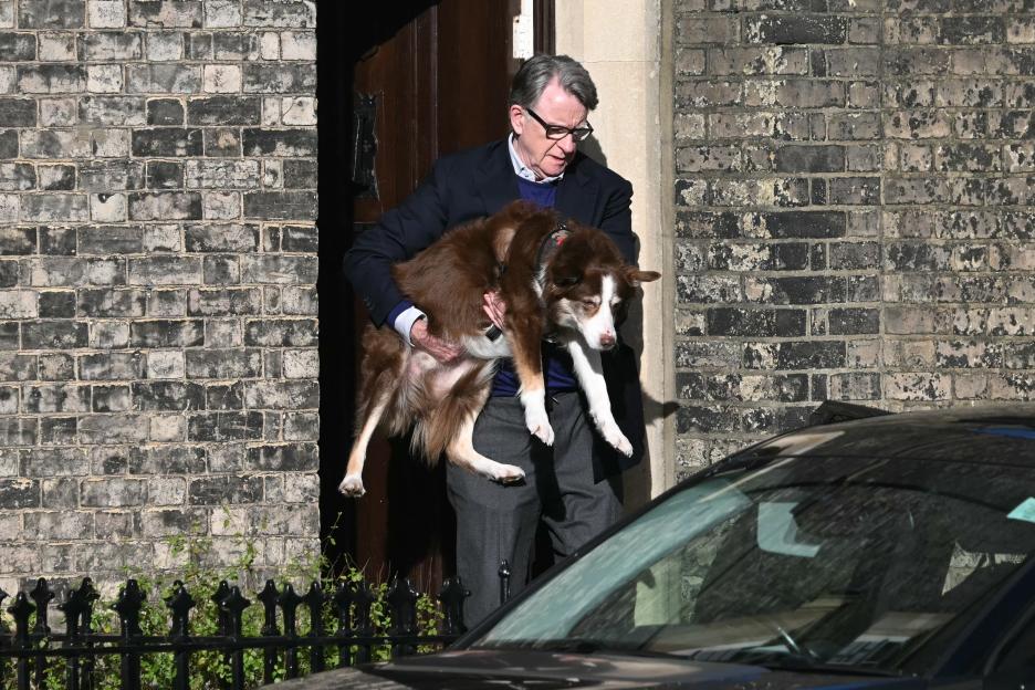 Peter Mandelson, former UK ambassador to the United States, carrying a large dog out of his front door.