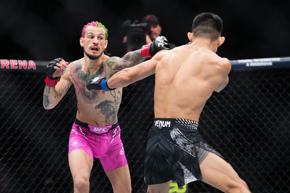 Sean O'Malley throwing a punch at Song Yadong in a UFC bantamweight bout.