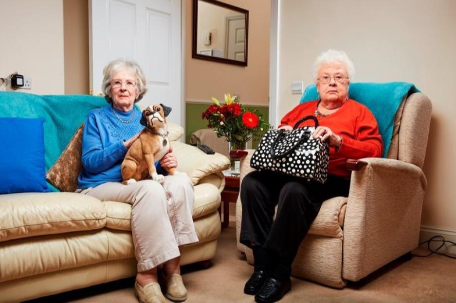 Two older women, one with a toy dog, sit on a couch and armchair.