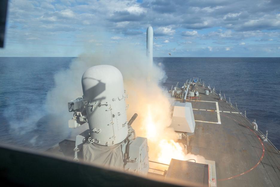 still image released by U.S. Central Command (CENTCOM) shows an anti-air defence system of a ship operating