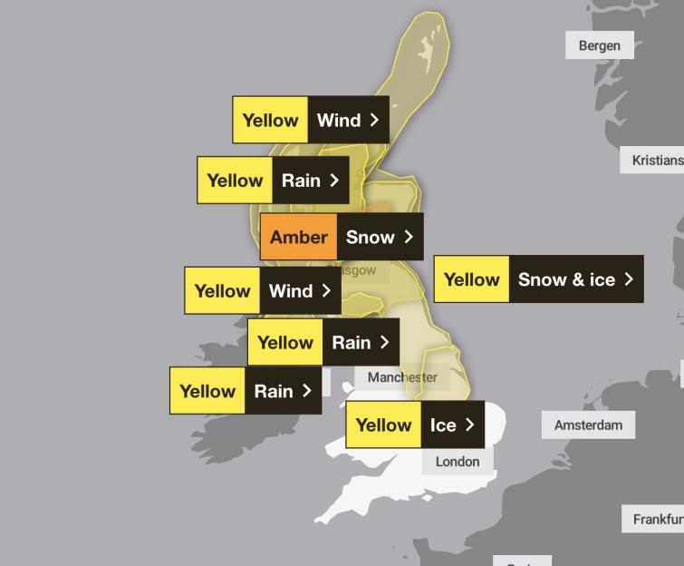 Weather warning map for the UK showing yellow alerts for wind, rain, snow & ice, and amber for snow.