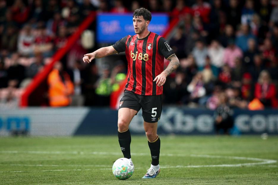 Marcos Senesi playing for Bournemouth during a Premier League match.