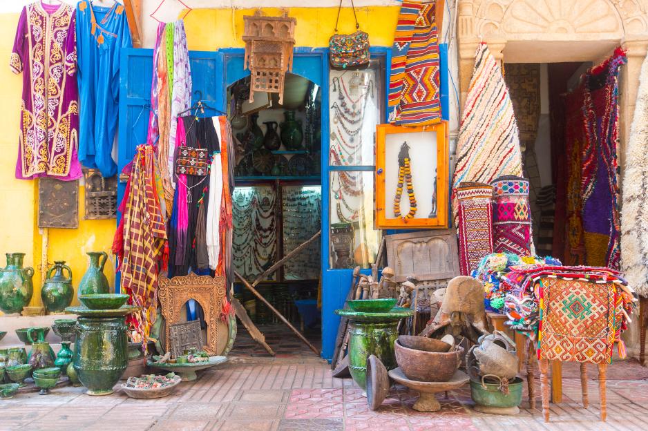 Traditional Moroccan street market or souk in the old part of Essaouira medina in Morocco