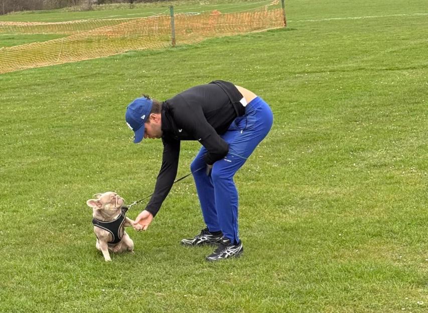 Man in blue hat and pants shaking hands with a bulldog.