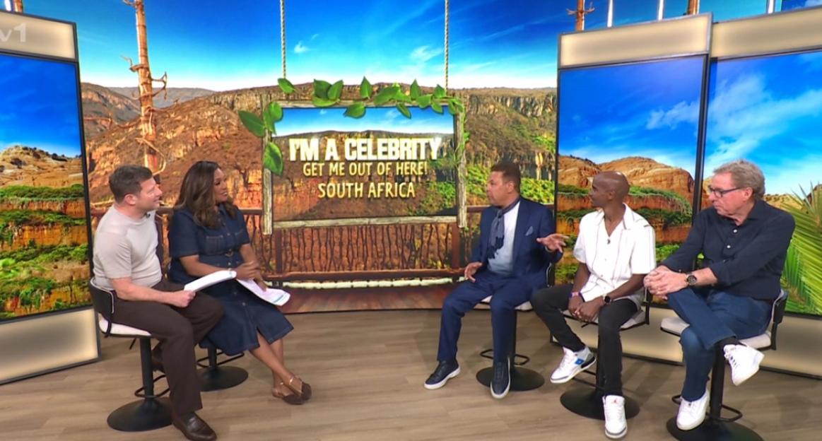 Five people on a panel discussing "I'm a Celebrity Get Me Out of Here! South Africa: Tonight's Final" in a studio with large screens displaying a South African landscape.
