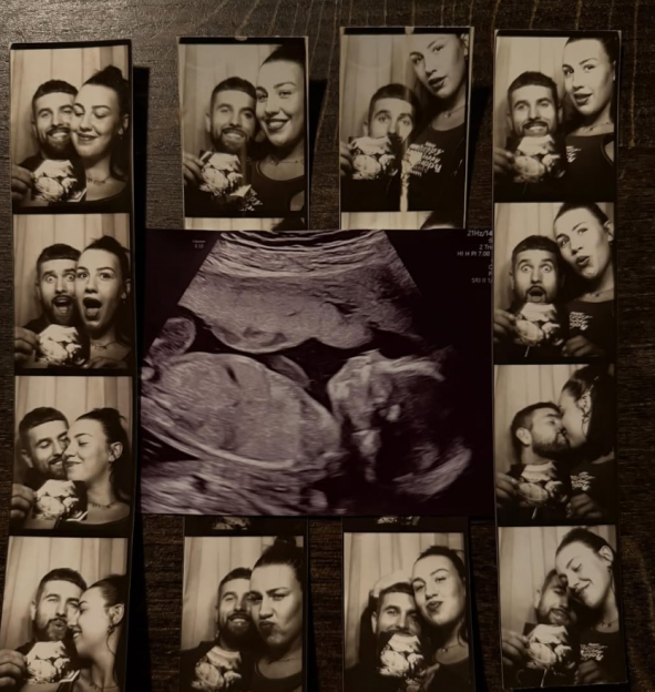 Collage of a fetal ultrasound image and multiple photo booth strips of a couple.