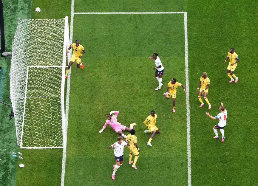 England's Harry Kane misses a chance to score against Ghana.