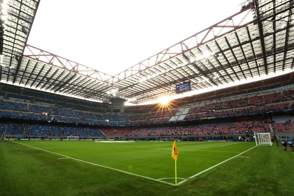 General view inside the San Siro Stadium prior to the UEFA Champions League match between FC Internazionale and Tottenham Hotspur.