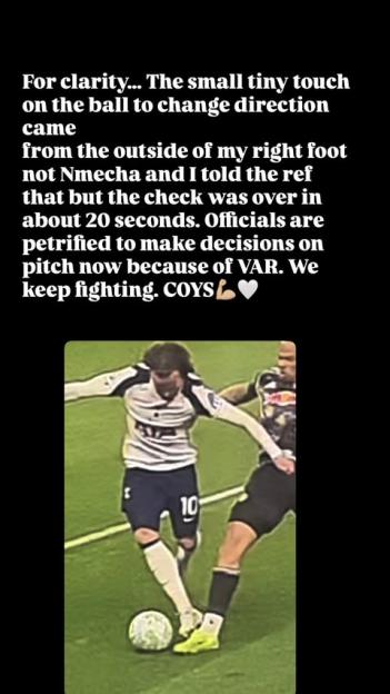 Soccer player James Maddison with the number 10 jersey dribbling the ball past an opponent, above text criticizing VAR officials.