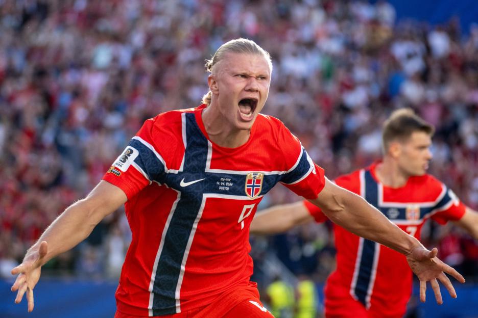 Erling Haaland celebrates a goal during the Iraq v Norway FIFA World Cup 2026 match.