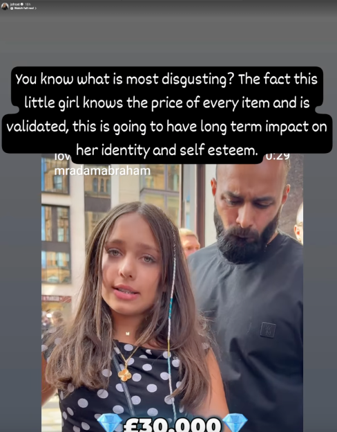 A young girl and an older man stand in the foreground with text overlay criticizing the girl's focus on material possessions.