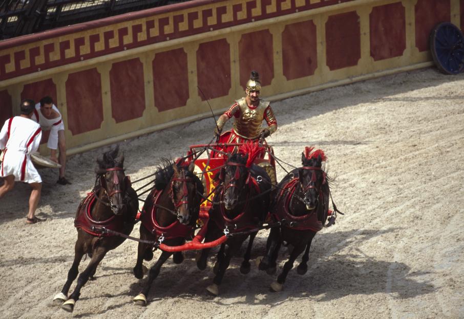 Chariot race at Puy du Fou historical theme park.