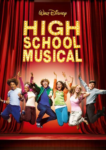 High School Musical movie poster with six cast members jumping on a stage under lighted text.