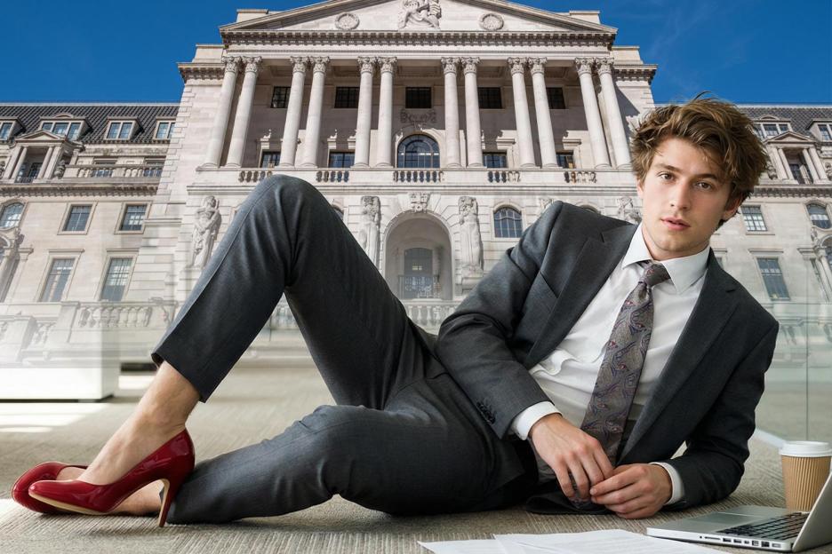 A man in a suit and red high heels reclines in front of a grand building, with a laptop and coffee next to him.