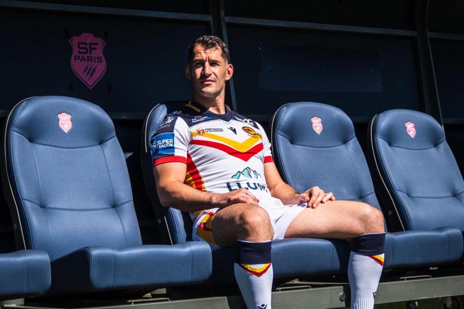 Catalans captain Ben Garcia seated in uniform on a bench at SF Paris.